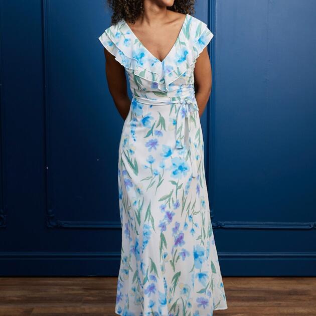 Midi šaty s volánom a viazaním – Blue Floral